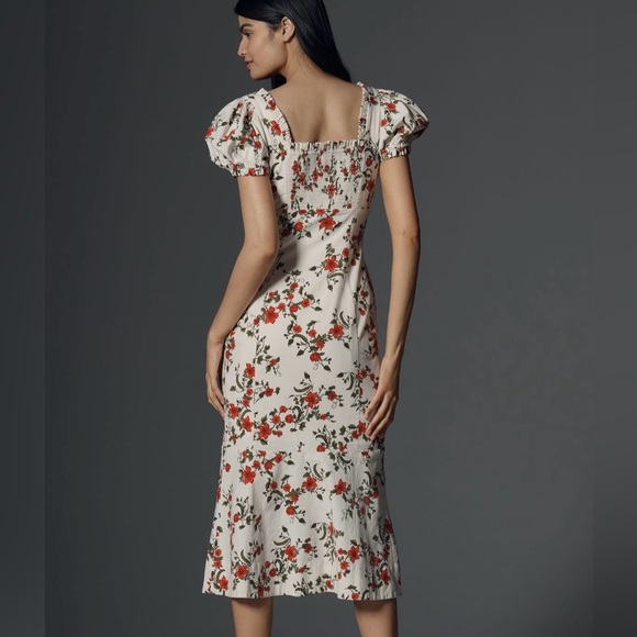 New Anthropologie Puff Sleeve Smocked Dress L Cottagecore Floral Midi Maeve - Picture 2 of 14